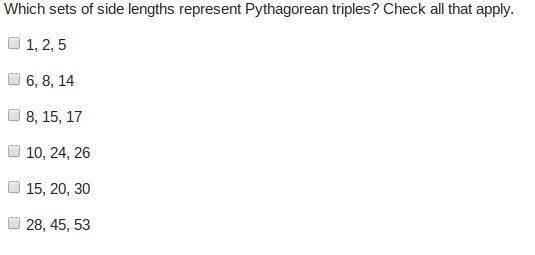 PLEASE HELP ASAP!!! Which sets of side lengths represent Pythagorean triples? Check-example-1