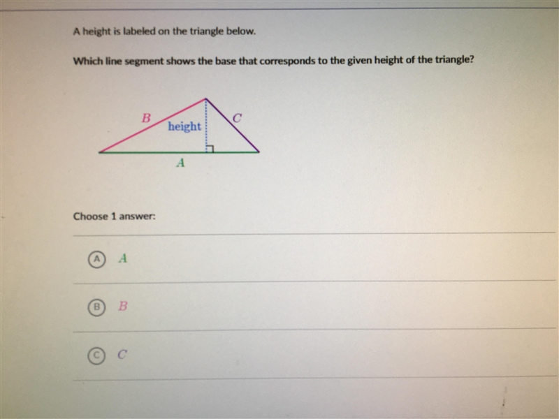 A height is labeled on the triangle below. Which line segment shows the base that-example-1