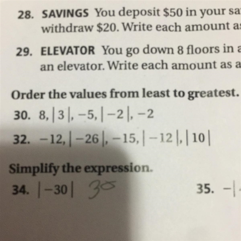 Order the values from least to greatest. 30. 8,|3|, -5,1 -2], -2 32. – 12,1-26], -15,|-12, 10|-example-1