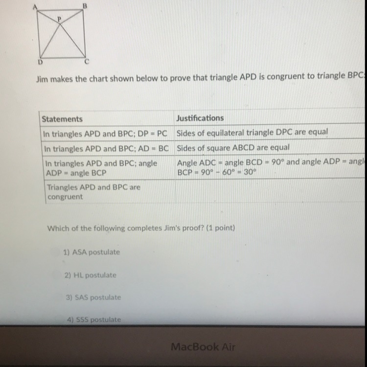 Jim makes the chart shown below to prove that Triangle APD is congruent to triangle-example-1