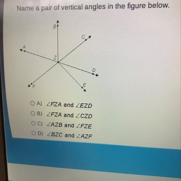 Name a pair of vertical angles in the figure below-example-1