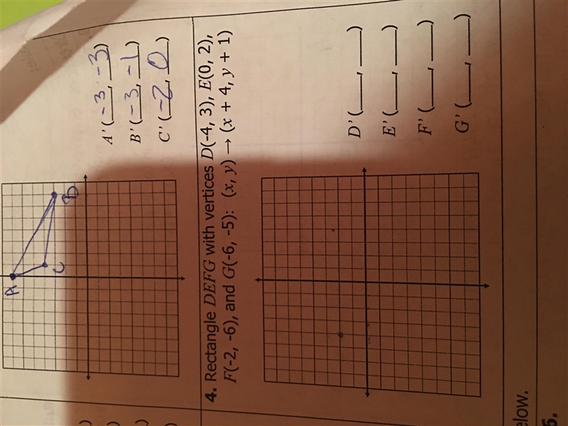 Rectangle DEFG with vertices D(-4, 3), E(0, 2), F(-2, 6), and G(-6, -5): (x + 4, y-example-1