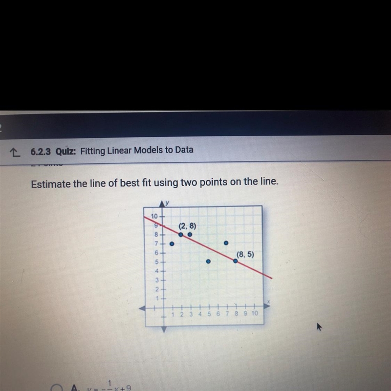 Estimate a line of best fit using two points on the line A.y=-1/2x+9 B.y=2x+9 C.y-example-1