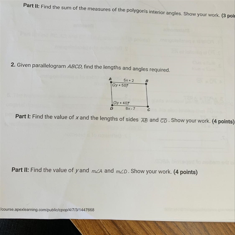 Given parallelogram ABCD, find the lengths and angles required-example-1