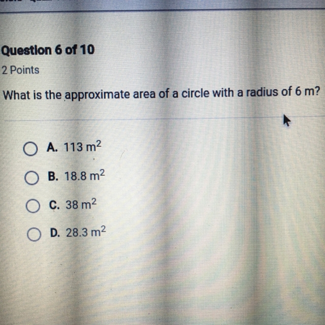 What is the approximate area of a circle with a radius of 6 m?-example-1