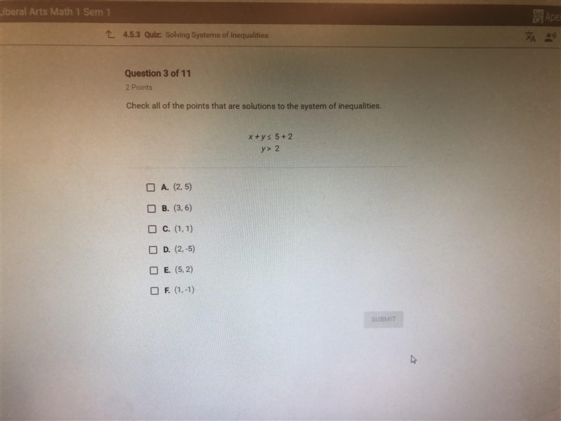 Check all of the points that are solutions to the system of inequalities.-example-1