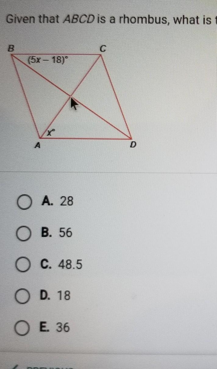 Given that ABCD is a rhombus, what is the value of x?​-example-1