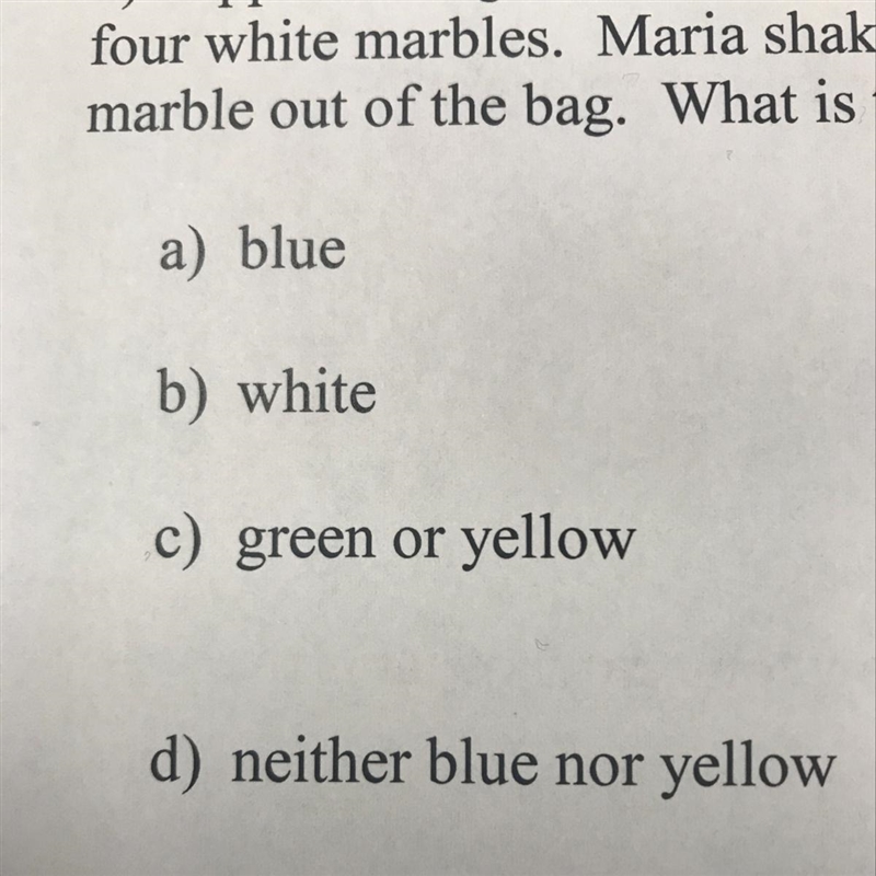 Suppose a bag of marbles contains five green marbles, three blue marbles, six yellow-example-1