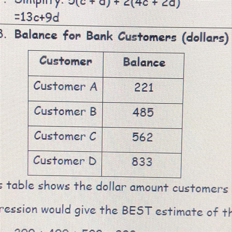 This table shows the dollar amount customers have in their bank account. Which expression-example-1