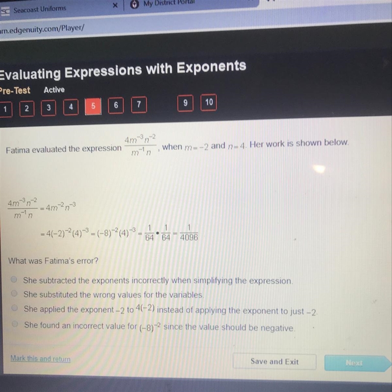 Fatima evaluated the expression 4m n-2 need help plzzz-example-1