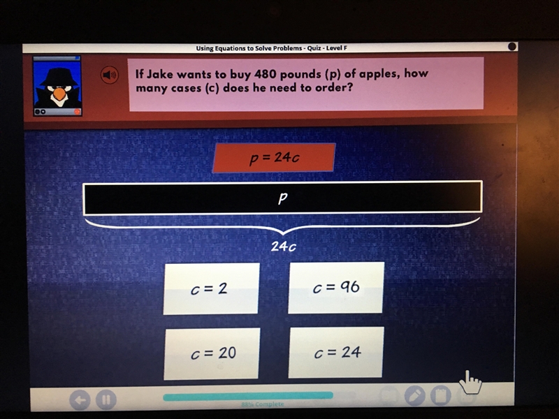 If jake wants to buy 480 pounds (p) of apples,how many cases (c) does he need to order-example-1