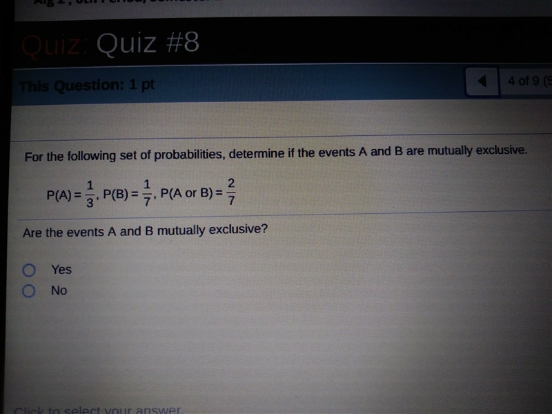 Are the events A and B mutually exclusive?....yes or no-example-1