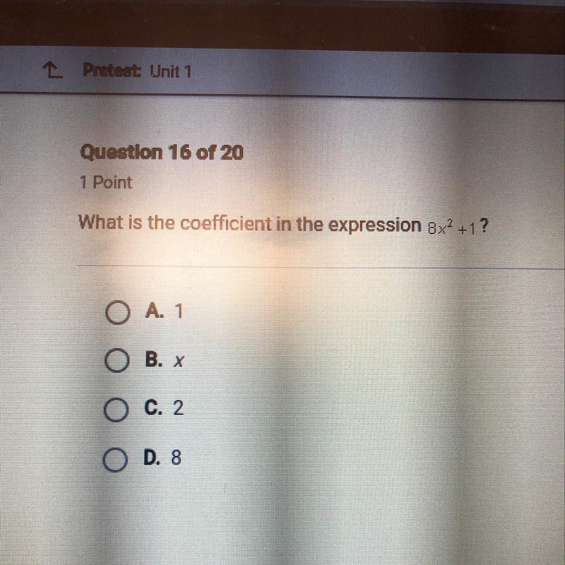 What is the coefficient in the expression 8x^2+1?-example-1