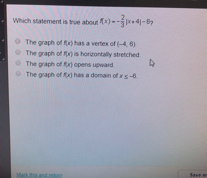 Which statement is true about f=(x)=-2/3|x+4|-6 ?-example-1