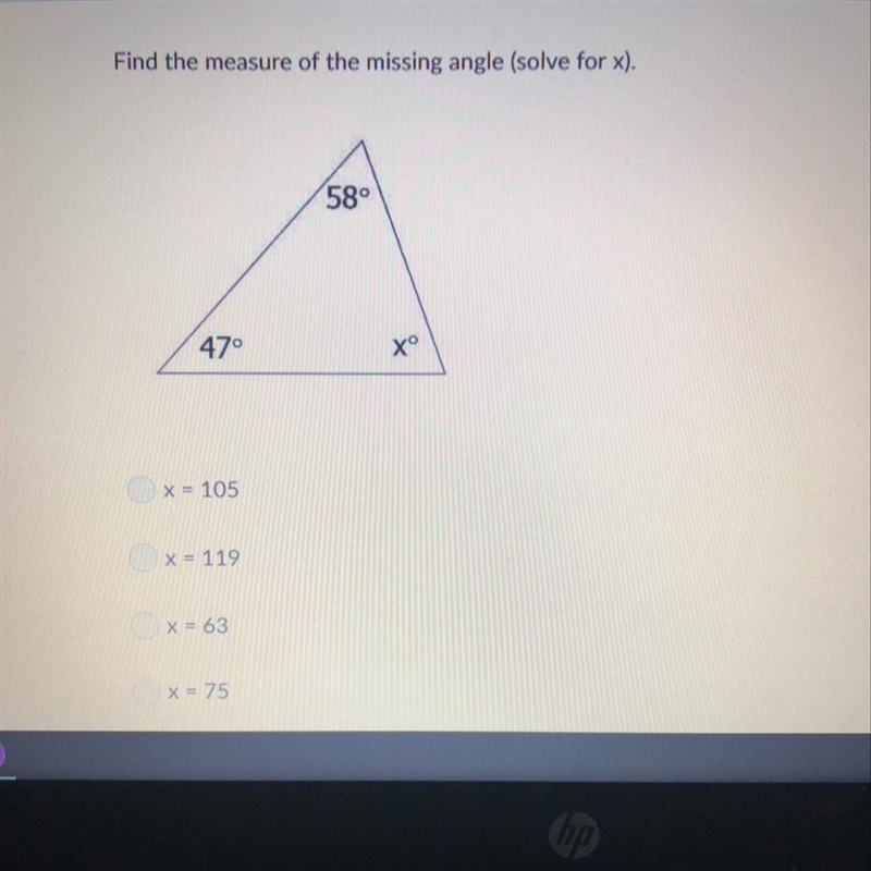 Find the measure of the missing angle (solve for x)-example-1