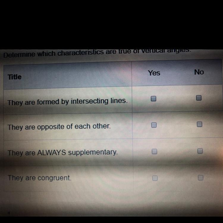 Determine which characteristics are true of vertical angles-example-1