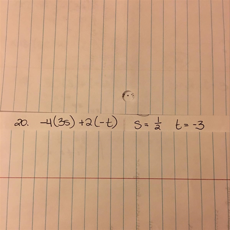 -4(3s) + 2(-t) if s = 1/2 and t = -3, what would the answer be?-example-1