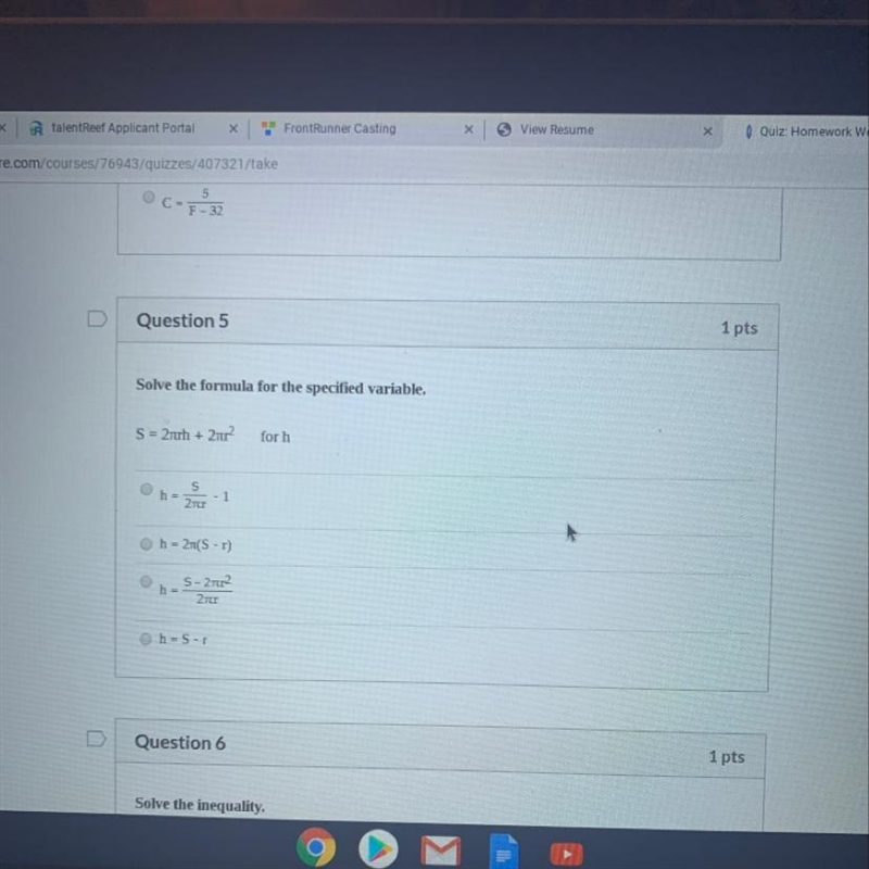 Question 5 solve the formula for the specified variable-example-1