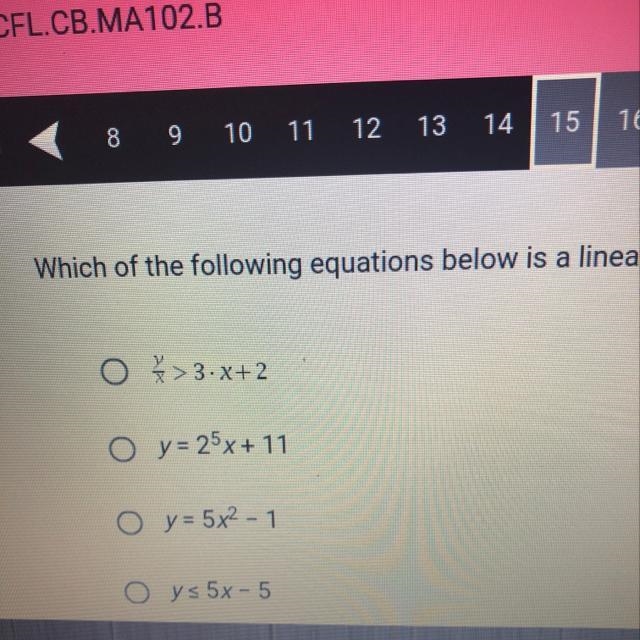 Which of the following equations below is a linear inequality? Y/x> 3-χ+ 2 y= 2*5χ4 11 y-example-1