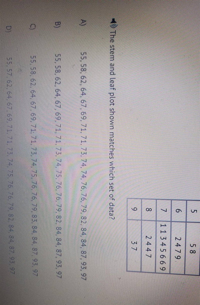 The stem and leaf plot shown matches which set of data? ​-example-1