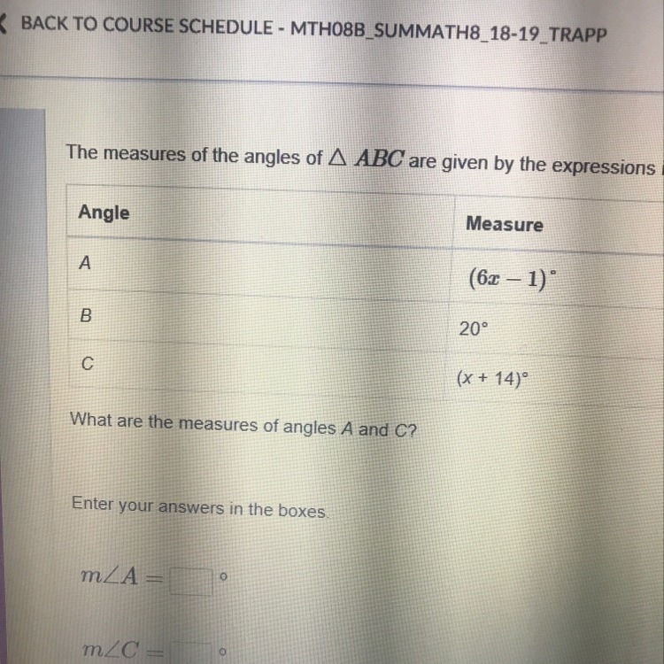 The measures of the angles of triangle ABC are given by the expressions in the table-example-1