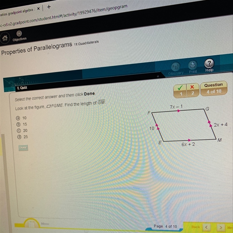 Look at the figure of FGME.Find the length of GM-example-1