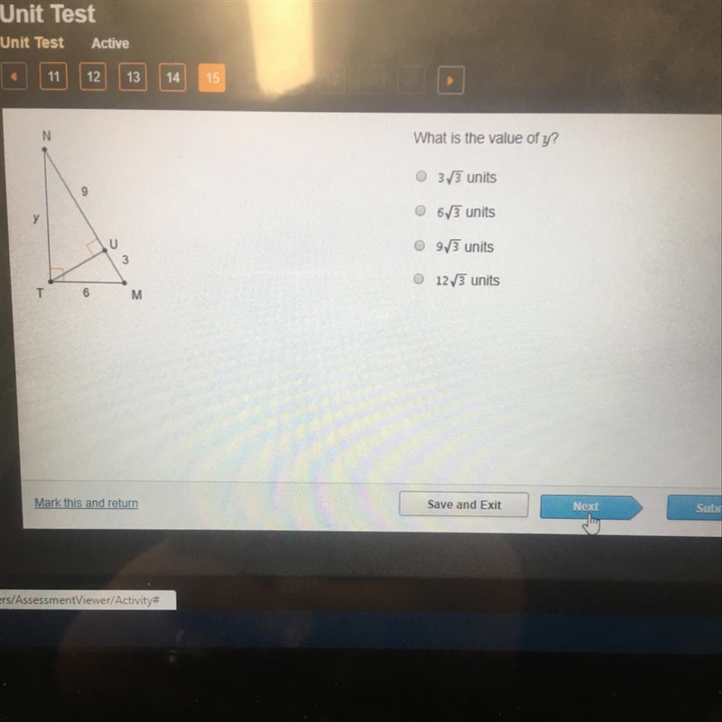 What is the value of y? 3/3 units 53 units 9 3 units 12/3 units-example-1