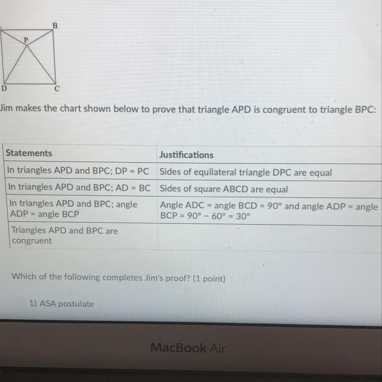 Jim makes the chart shown below to prove that Triangle APD is congruent to triangle-example-1