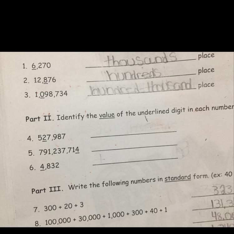 Identify the value of the underlined digit in each number in 527,987 2 is underlined-example-1