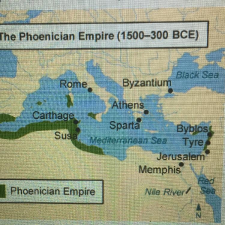 The map shows the Phoenician Empire from 1500-300 BCE. According to the map, Phoenicia-example-1