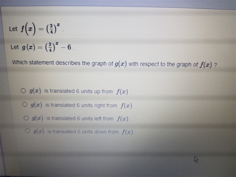 Which statement describes the graph of g(x) with respect to the graph of f(x)? (answer-example-1