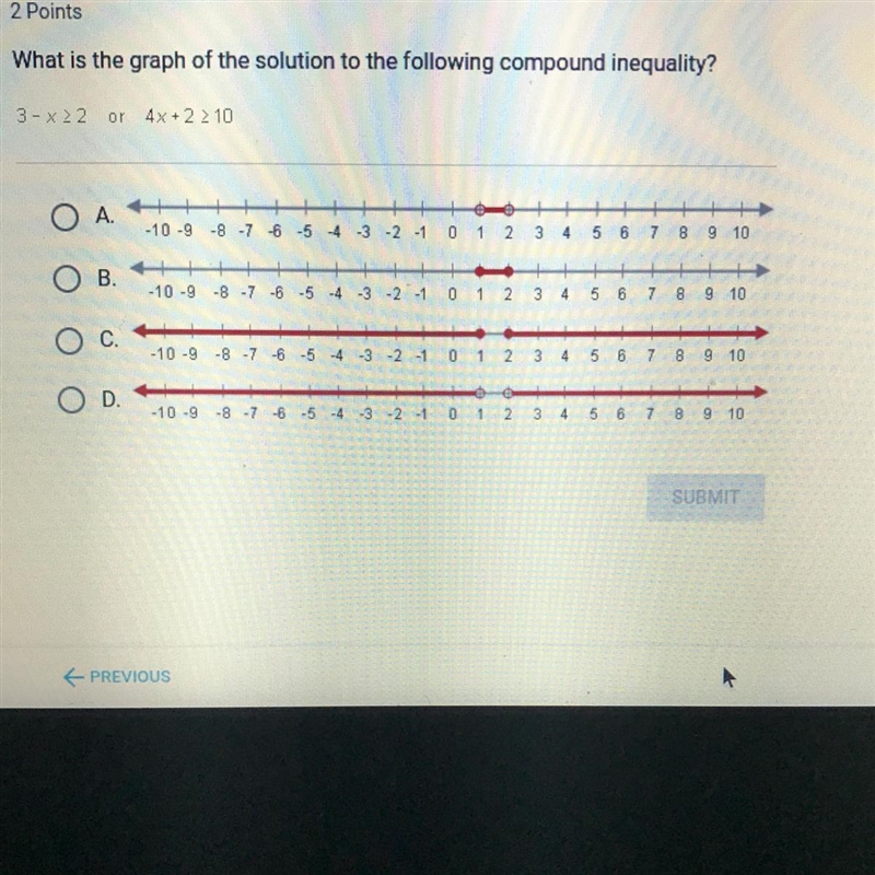 What is the graph of the solution to the following compound inequality?-example-1