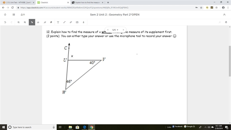 Please help! Explain how to find the measure of x WITHOUT finding of its supplement-example-1