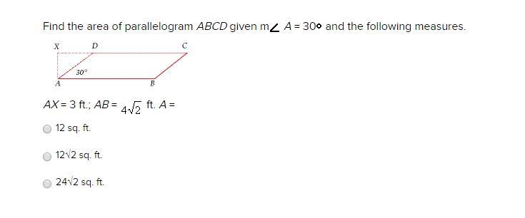 Find the area of parallelogram ABCD given m A = 30 and the following measures. AX-example-1