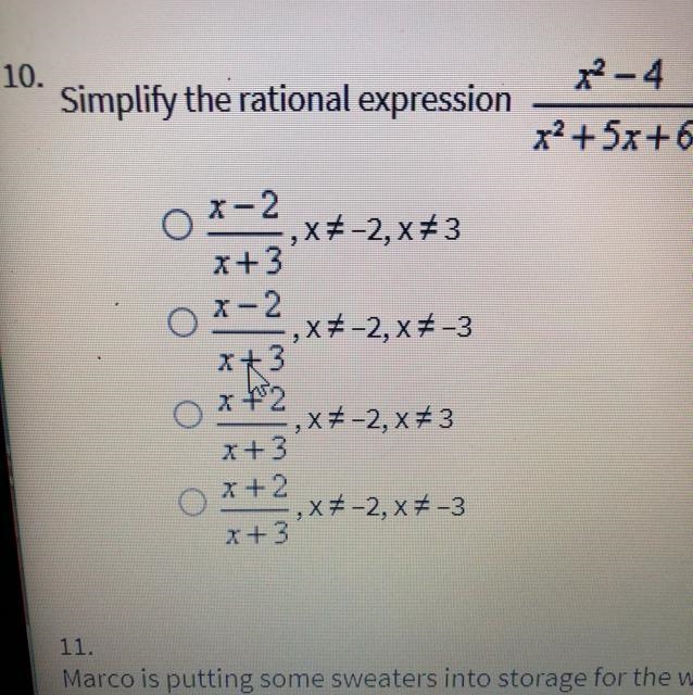 Simplify the rational expression x^2-4/x^2+5x+6. State any restrictions on the variable-example-1