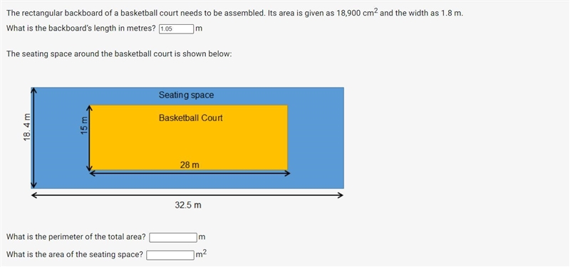 Trying to work out the perimeter of the total area & the area of the seating space-example-1