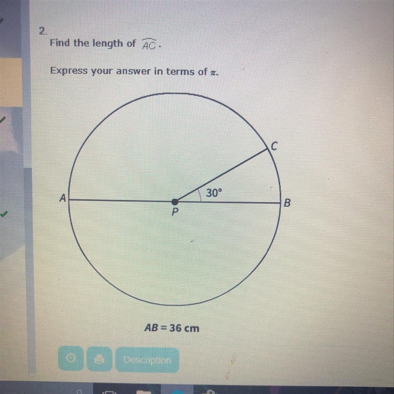 Find the length of AC. Express your answer in terms of pi. Answer options: 5, 30, 45, 15.-example-1