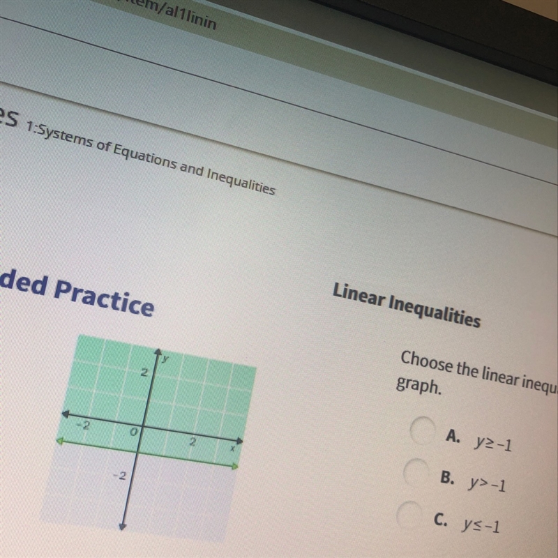 Choose the linear inequality that describes each graph-example-1