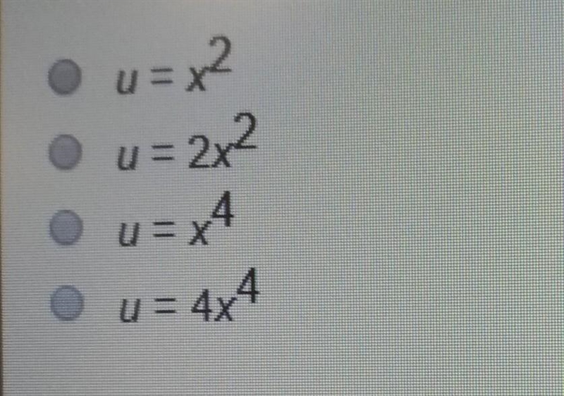 What substitution should be used to rewrite 4x^4-21x^2+20=0 as a quadratic equation-example-1