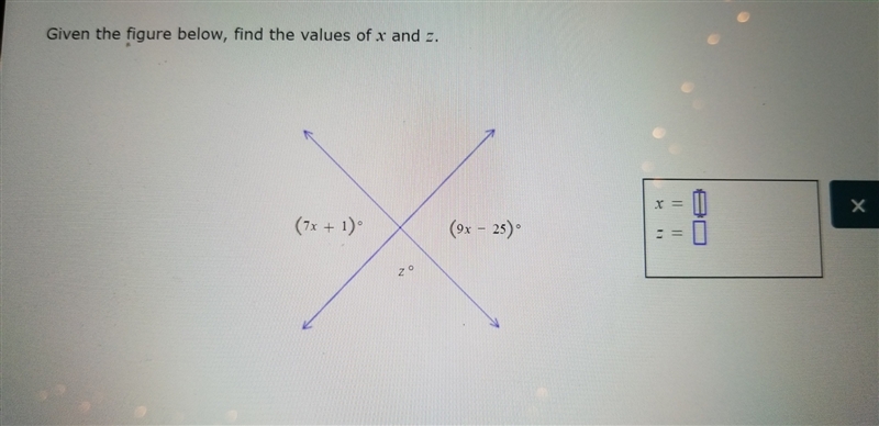 30 POINTS Please Help (: Thank you. I have to solve for x and z.-example-1