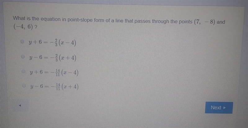 What is the equation in point-slope form of a line that passes through the points-example-1