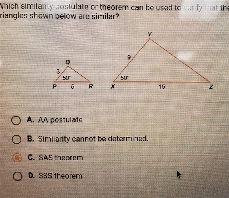 Which similarity postulate or theorem can be used to verify that the two triangles-example-1