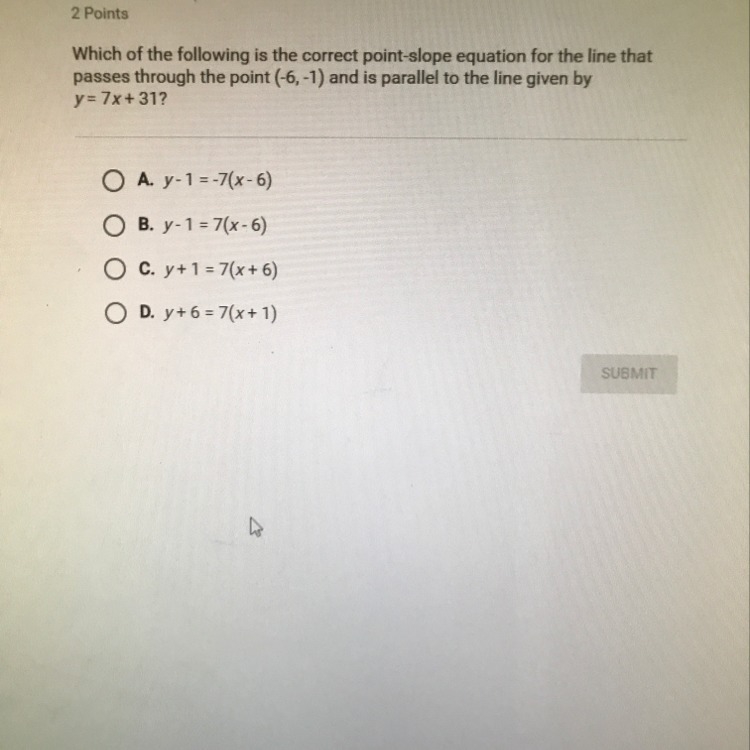 Which of the following is the correct point - slope equation for the line that passes-example-1