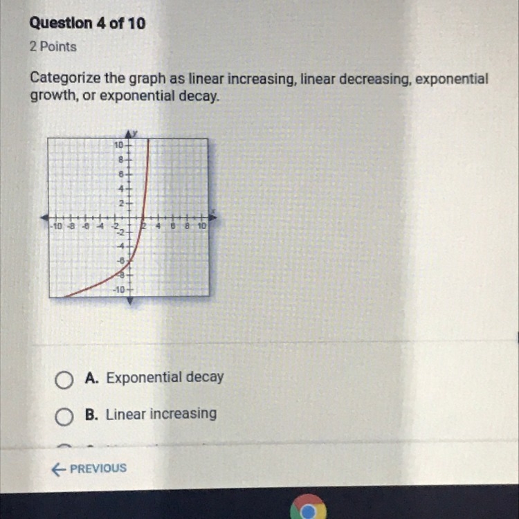 categorize the graph as linear increasing, linear decreasing, exponential growth, or-example-1