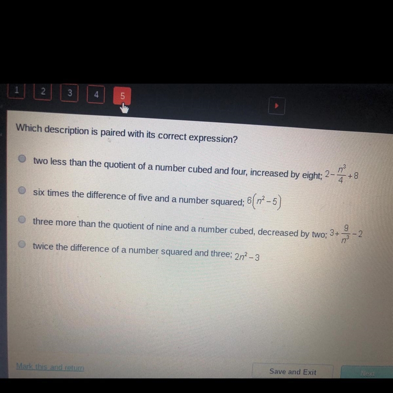 Which description is paired with its correct expression? Please help now !!!!-example-1