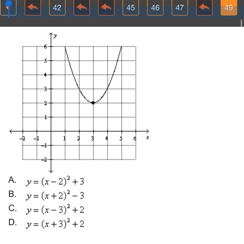 Determine the equation of the quadratic function shown below.-example-1