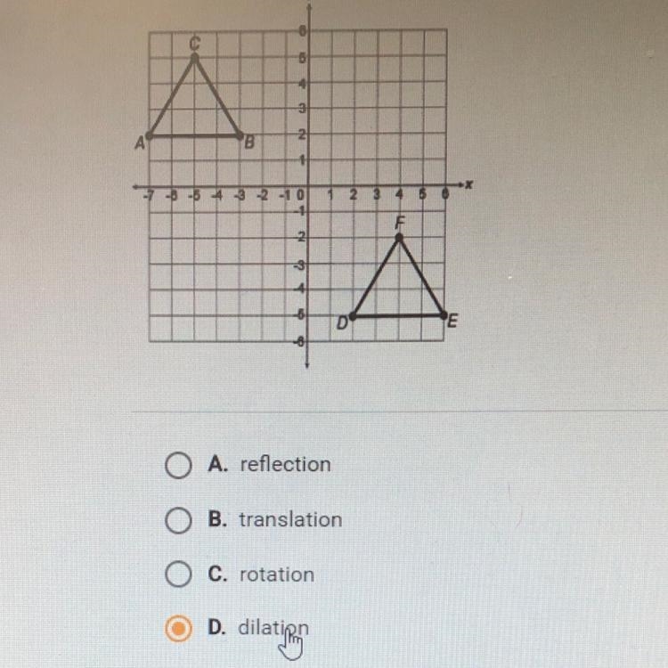 Help !! Which transformation can not be used to prove that ABC is congruent to DEF-example-1