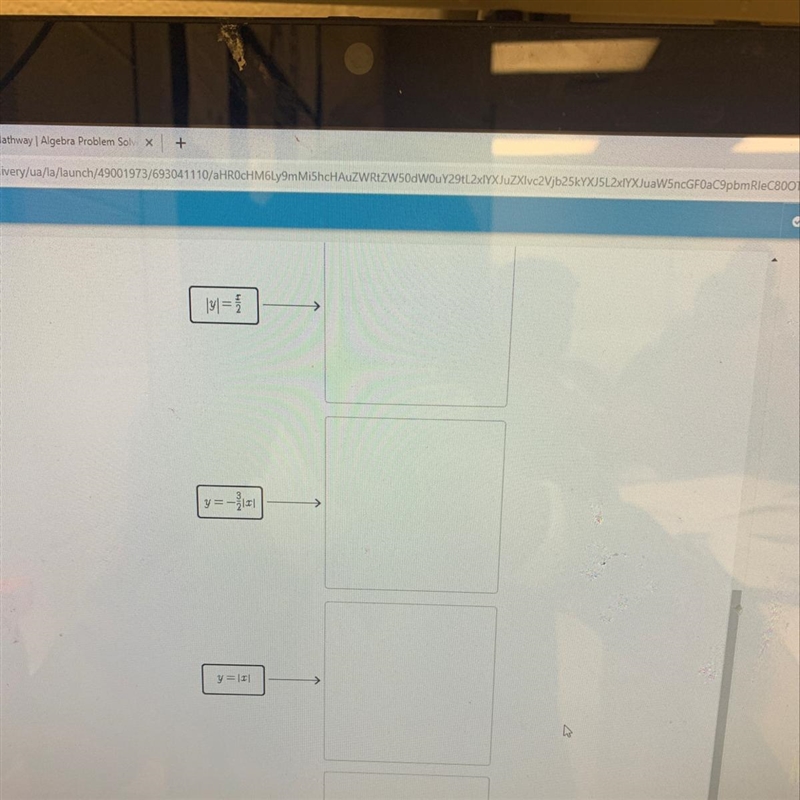 Match the graphs with the absolute value relations the represent.-example-1