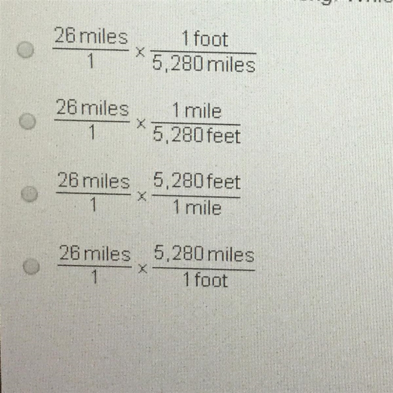 Amarathon is about 26 miles long. Which of these shows how to convert 26 miles to-example-1