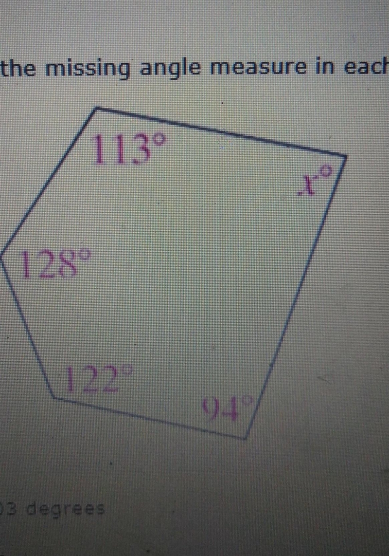 find the missing angle measure in the figure? A.) 103 degrees B.) 93 degrees C.) 113 degrees-example-1